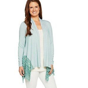 LOGO by Lori Goldstein Cardigan womens medium Open Front Stripe  w/ Lace Godets